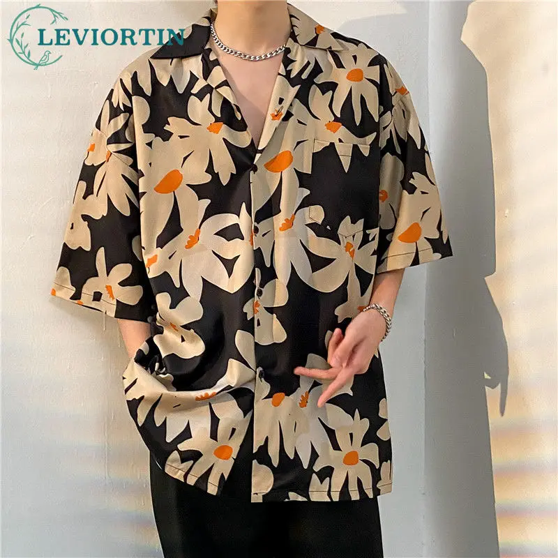 Men's Light Mature Summer Beach Thin Blouse Shirt Hip Hop Versatile Casual Short Sleeve Fashion Male Loose Flower Print Shirts