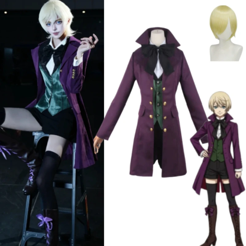 

Black Butler II Alois Trancy Cosplay Costume Purple Long Coat Forest Green Vest Full Set with Stockings for Men Cosplay Party
