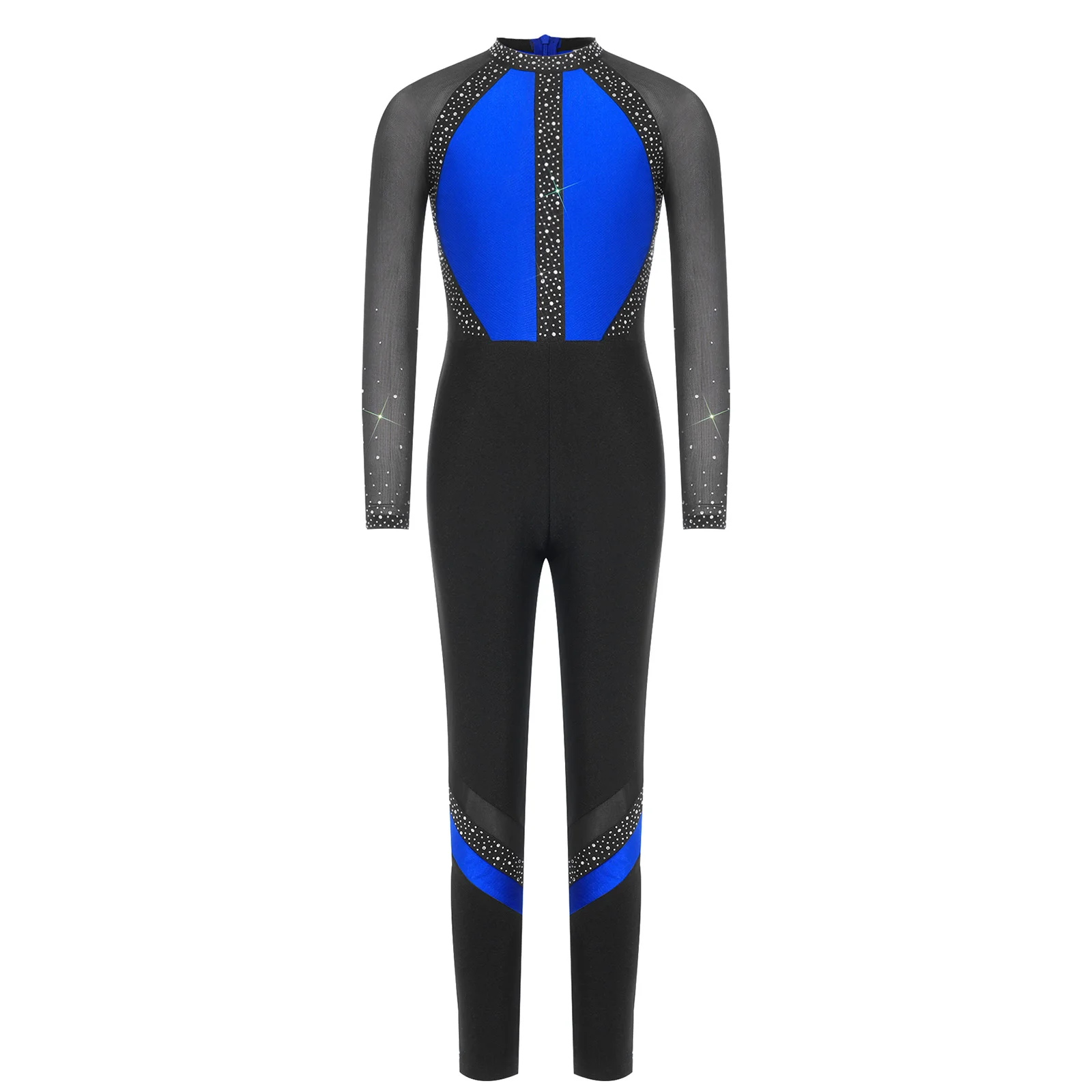 Girls Gymnastics Dance Jumpsuit Sparkling Rhinestones Ballet Full Body Leotard Mesh Splice Color Block Figure Skating Bodysuit