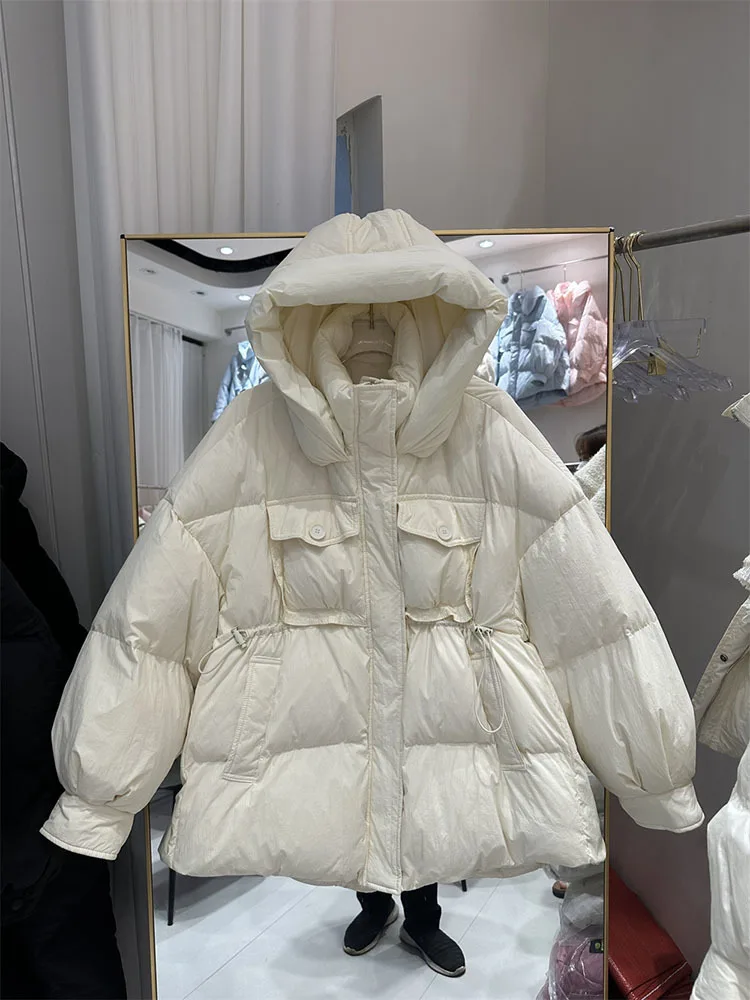 Casaco grosso de puffer estilo coreano feminino, 90% jaqueta de pato, com capuz, solto, casual, quente, Parkas femininas, outono, inverno