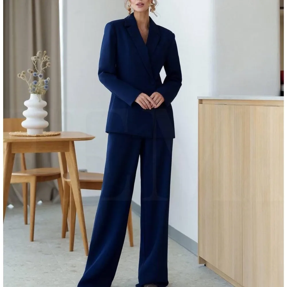 Terno de calça blazer cinza para mulheres, roupa de escritório elegante, roupa de duas peças de ajuste solto