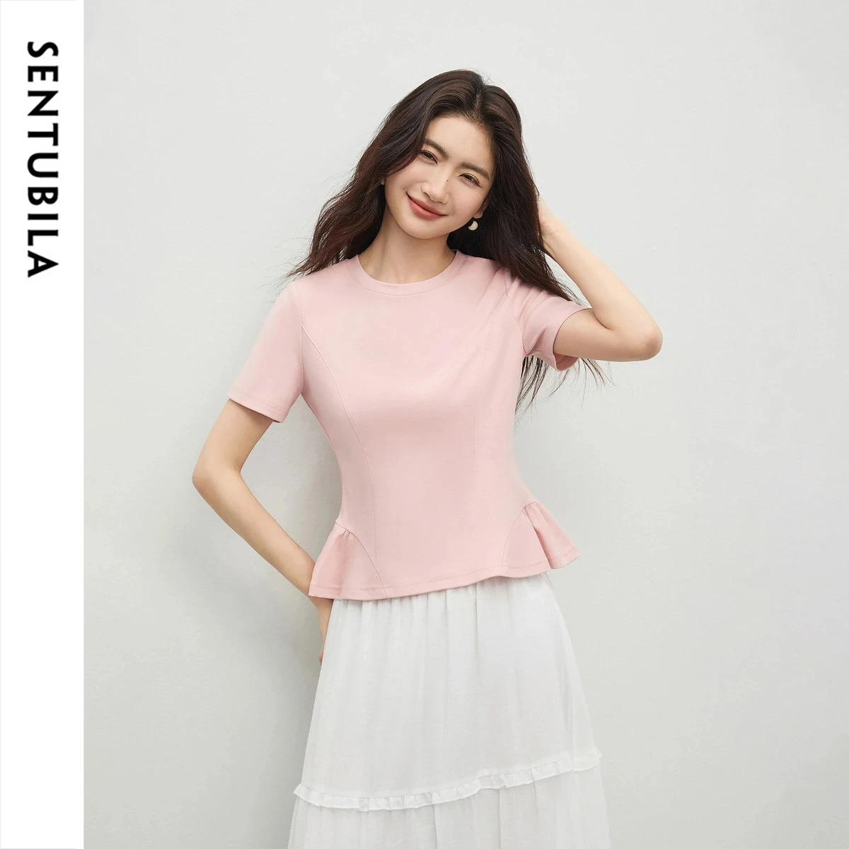 SENTUBILA Women's Minimalist Gentle 100% Cotton T-shirt 2026 Summer Commuter O Neck Short Sleeve Knit Pink Casual Top 162TA5034