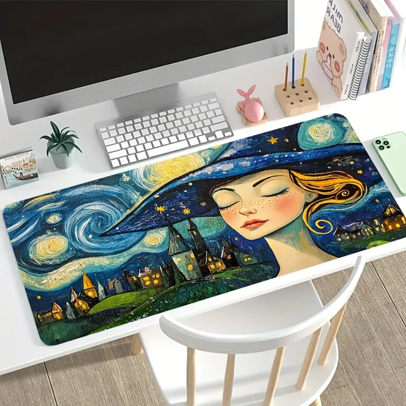 Iron Art Starry Night Town Woman Hat Large Gaming Mouse Pad Non Slip Washable Rubber Base Office Computer Desk Decor Mat