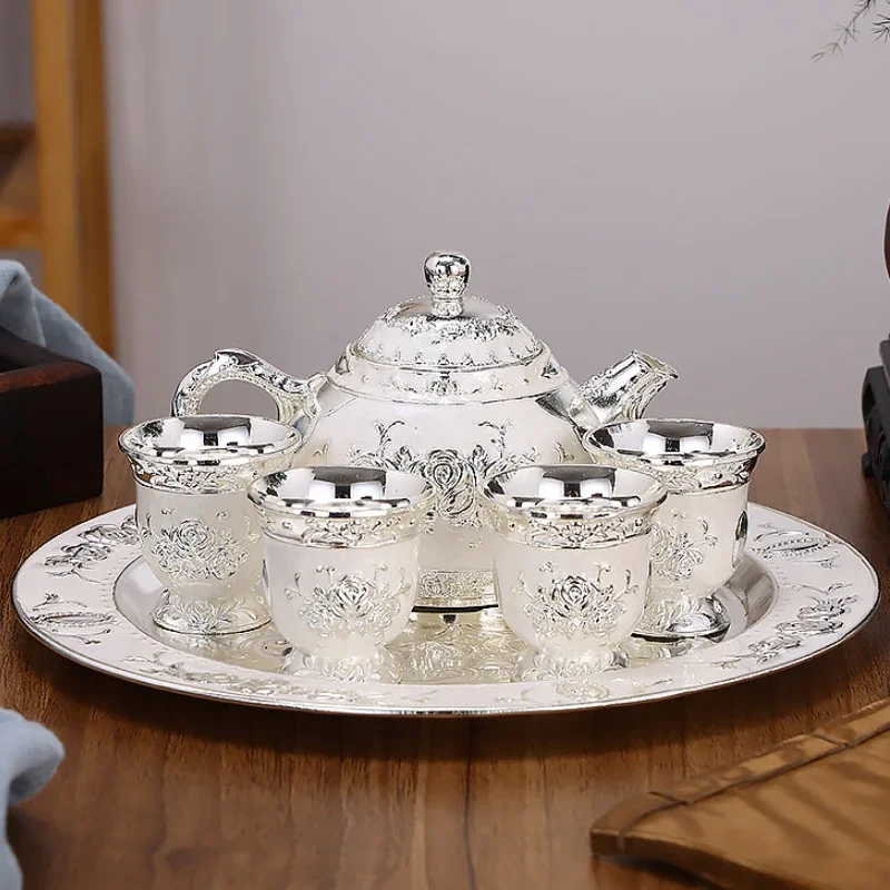 

Для дома в европейском стиле, нежный чайный сервиз с розой, китайский чайный сервиз кунг-фу, ретро простой металлический чайник, чашка, чайная посуда, кухня, столовая, бар