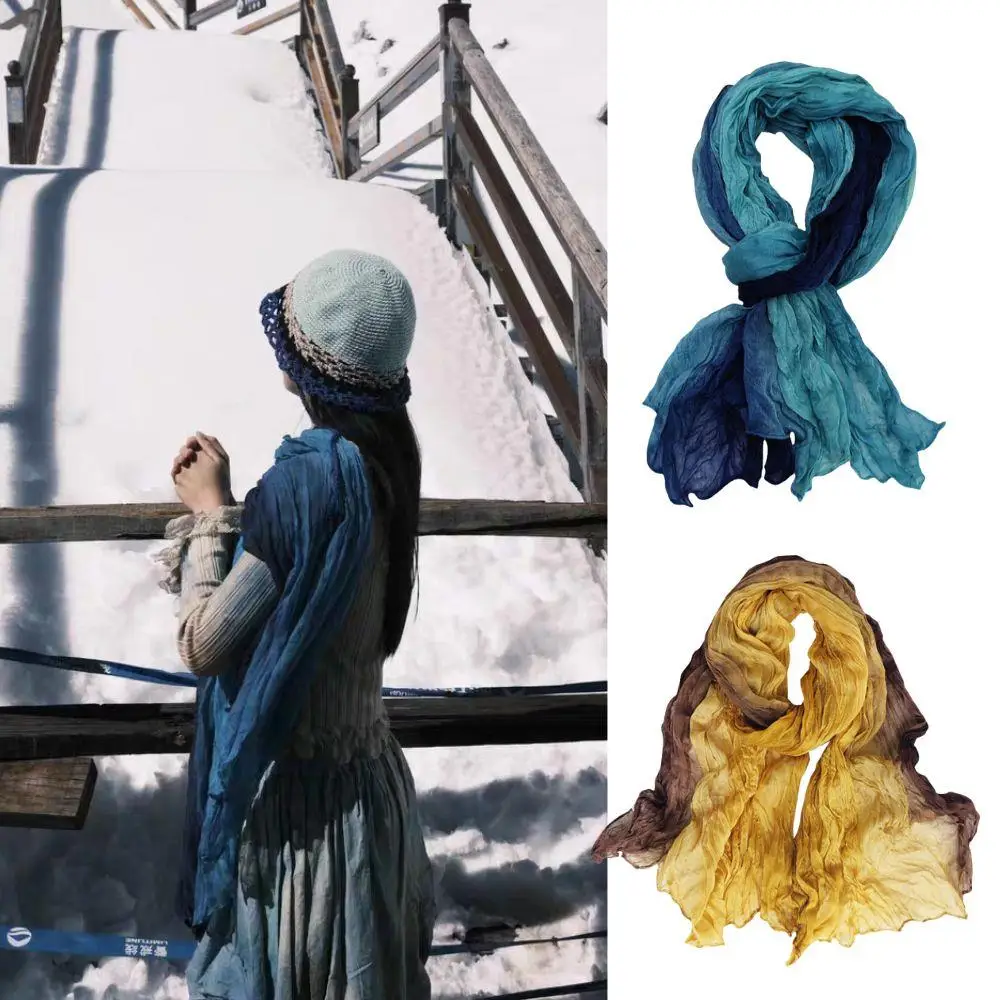 

Cotton Hemp Pleated Scarves Versatile Printed Soft Fashion Gradient Color Printed Women Long Fold Shawl Headscarf 180x90cm Ins