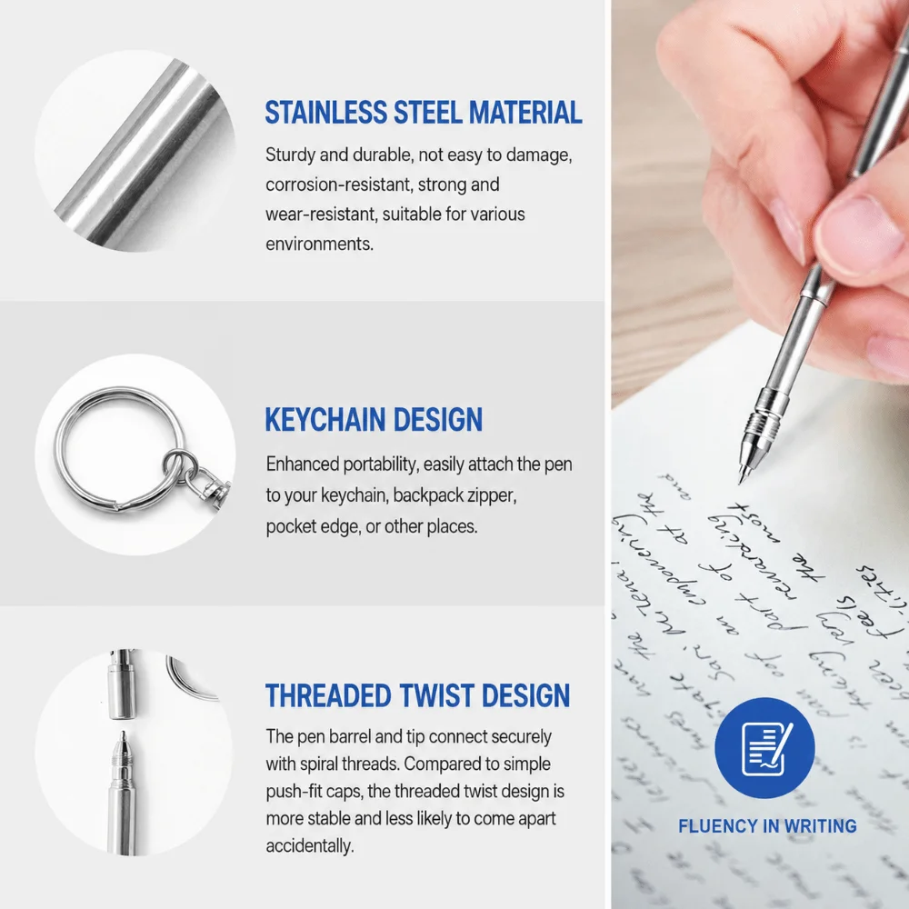 Stainless Steel Telescopic Pen Tiny with Keychain Mini Keychain Pen Portable Retractable Ballpoint Pen Travel & Daily Carry