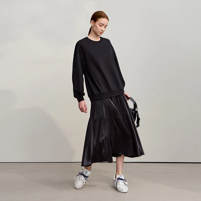 Amii Patchwork Damesjurk 2025, Winter Nieuwe Casual Veelzijdige Warme Trui O-hals Losse A-lijn Sweatershirt Jurk Dames 12544123