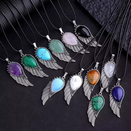 Natural Stone Angel Wings Pendant Necklace Circular Cone Charm Pendant for Men Women Divination Charms