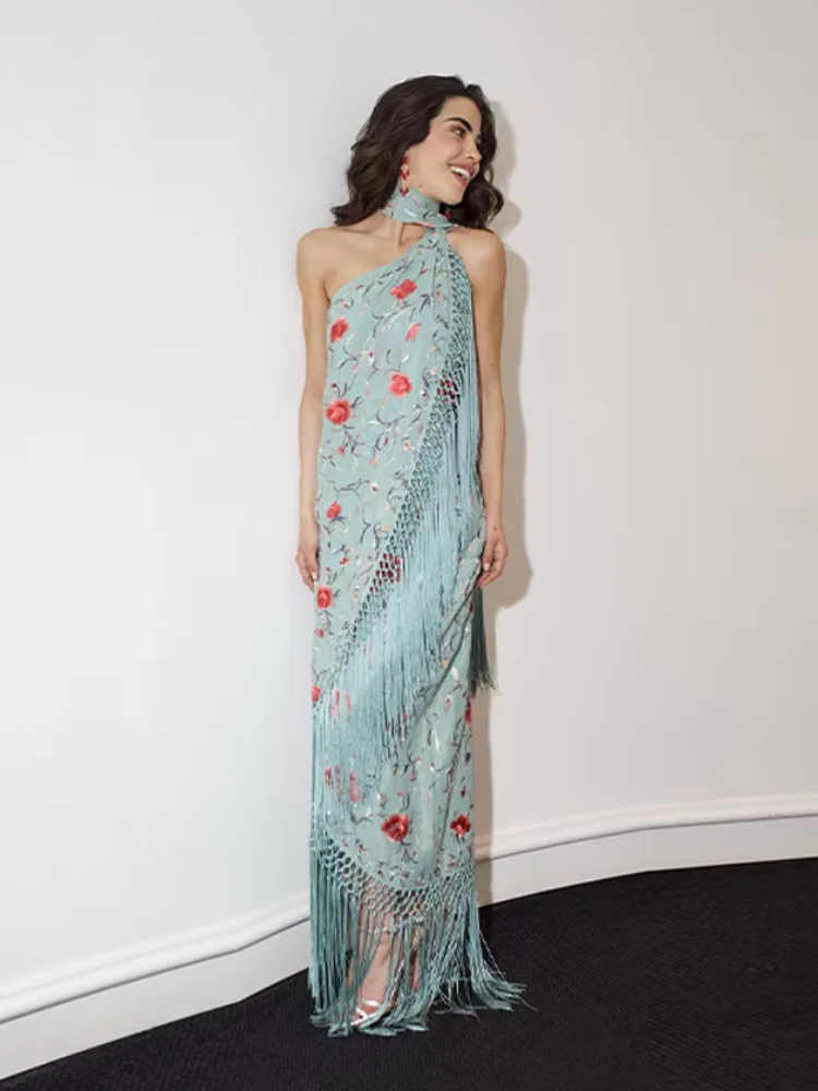 

Модное длинное платье с принтом кисточек, женское платье с лямкой на шее, шарф, воротник, асимметричные халаты, летние интегрированные женские длинные платья с бахромой