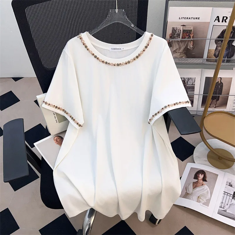 170kg plus size busto feminino 170 verão solto manga curta o pescoço diamante cravejado camiseta preto branco 4xl 5xl 6xl 7xl 8xl 9xl