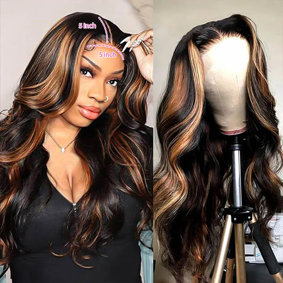 Wig Rambut Asli Brasil Body Wave 13x6, Wig Tanpa Lem 5x5, Pre Cut Lace Wear & Go, Warna Pirang Cokelat Highlight Density 250%, P1B/30