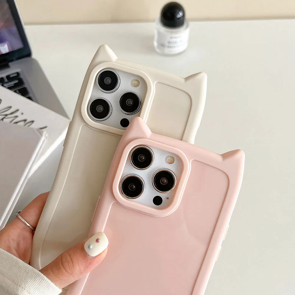 Korean Cat Ear Candy Color Case For iPhone 11 13 12 14 15 Pro Max 16 14Pro Max Cartoon Kitten Shockproof Girl Soft Back Cover