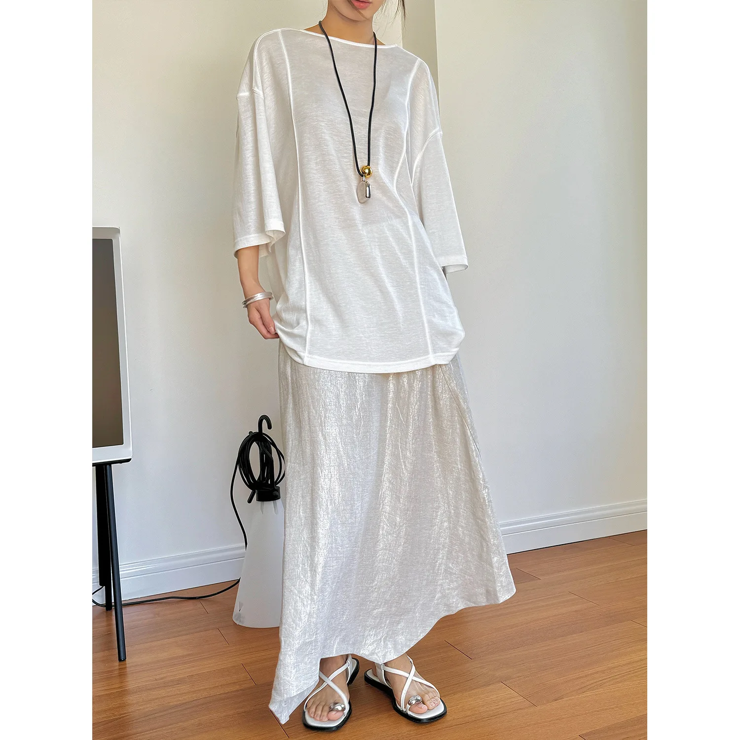 Summer Korean Texture Linen Half High Waist Irregular A-line Long Skirt for Women