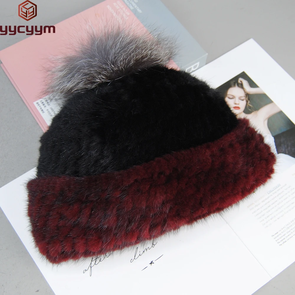 New Lady Winter Outdoor Warm Knitted Real Genuine Fox Fur Balls Hats Women Real Mink Fur Caps Beanies Real Mink Fur Hat Skullies