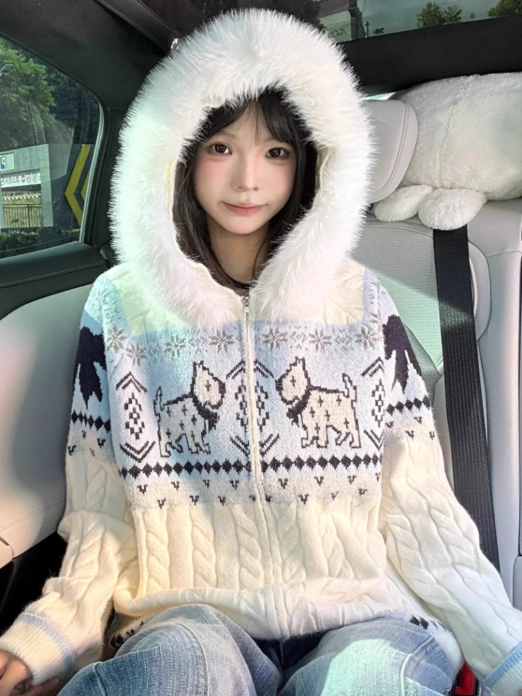 سترة نسائية كلاسيكية بقلنسوة من الفرو الصناعي الأمريكي سترة نسائية كبيرة الحجم مطبوعة برسومات كلاب لطيفة سترة متماسكة ملابس خارجية شتوية مريحة #1