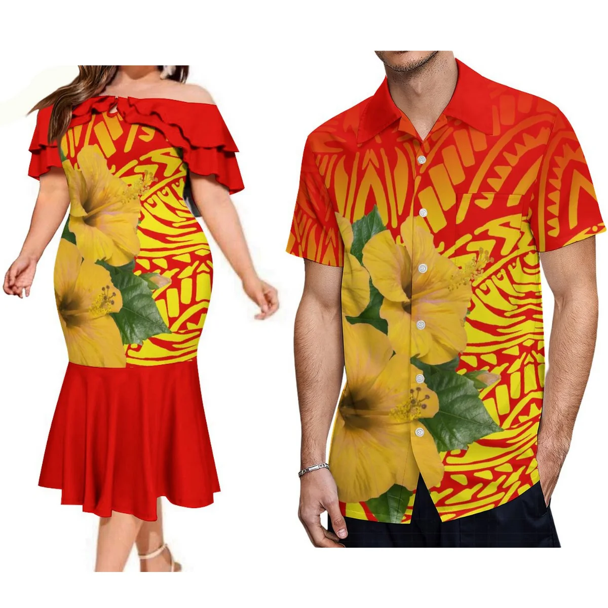 

Samoan Couple Set Summer Island Style Women'S Off-The-Shoulder Dress Bodycon Fishtail Skirt Polynesian Dress And Men'S Shirt