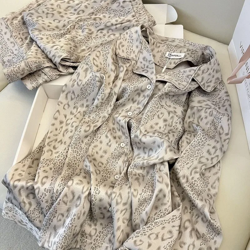 This French Light Luxury and High-end Leopard Print Satin Ice Silk Pajama Women's. Autumn New Home Wear Set Can Be Worn Outside.