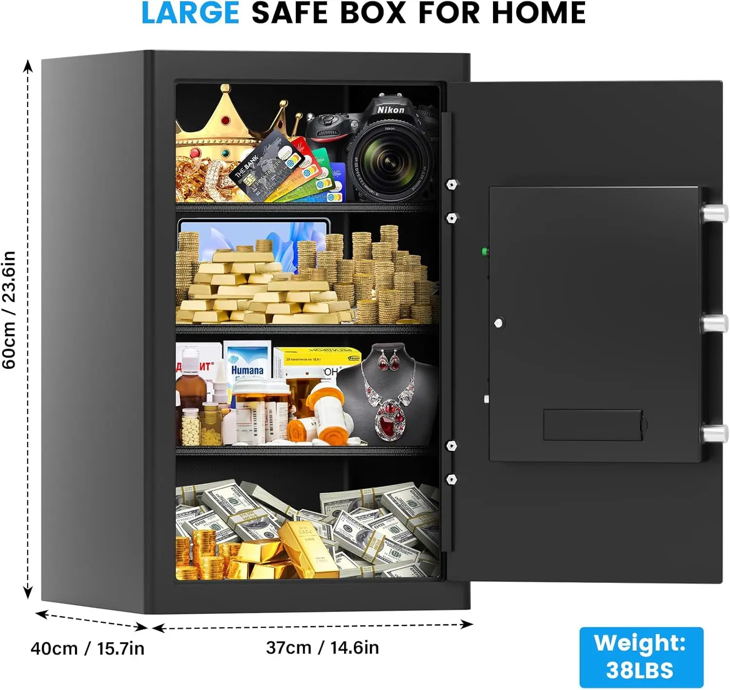 5.0 Cubic Large Home Safe Fireproof Waterproof, Digital Security Fireproof Safe Box with Combination Lock, Alarm Systerm and Rem