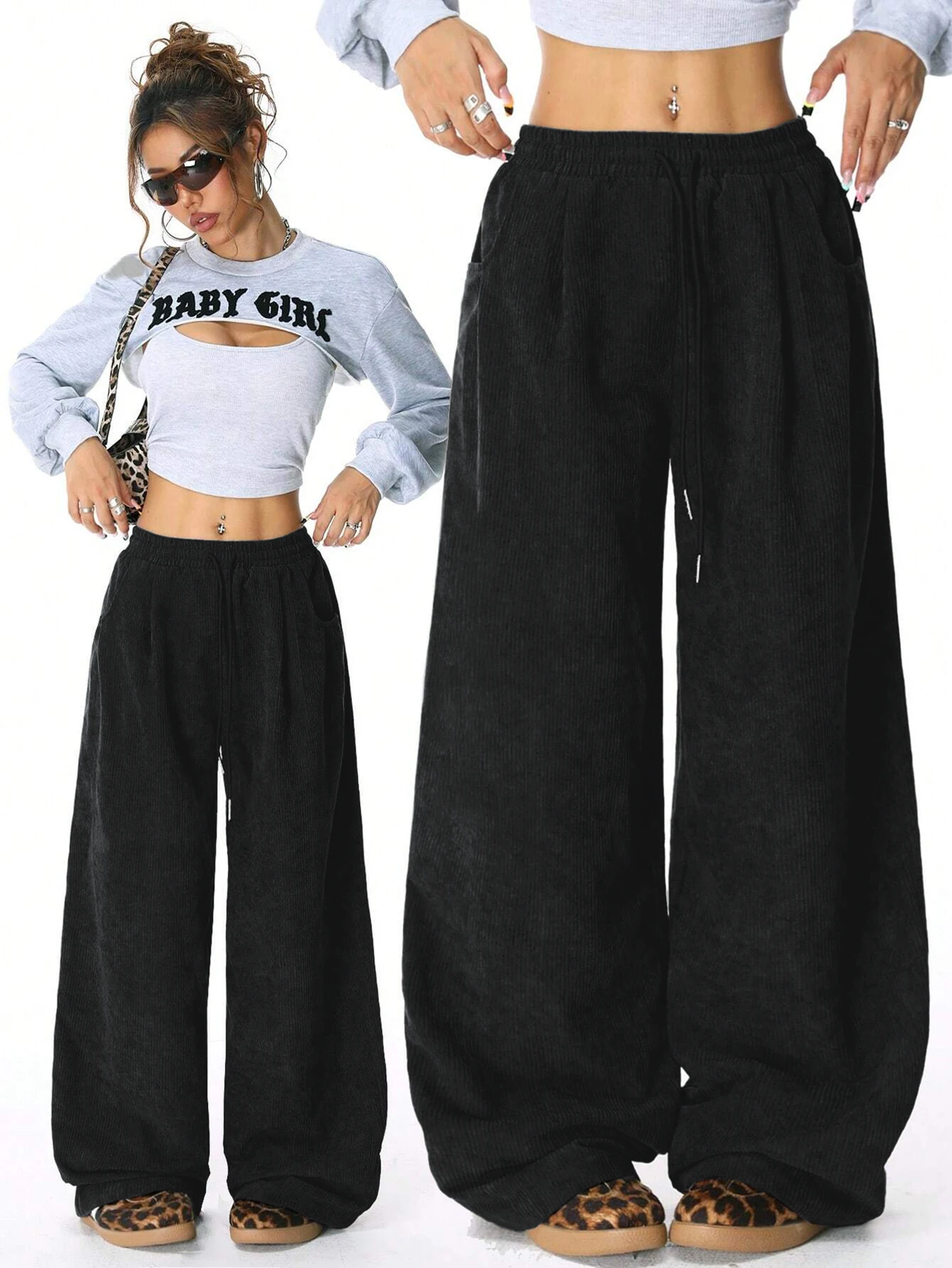 Damen Retro Cord Cargo-Hose Lässige Kordelzug Gerade Sporthose Fließende Alltags-Pendlerhose mit Weitem Bein – Detail 1