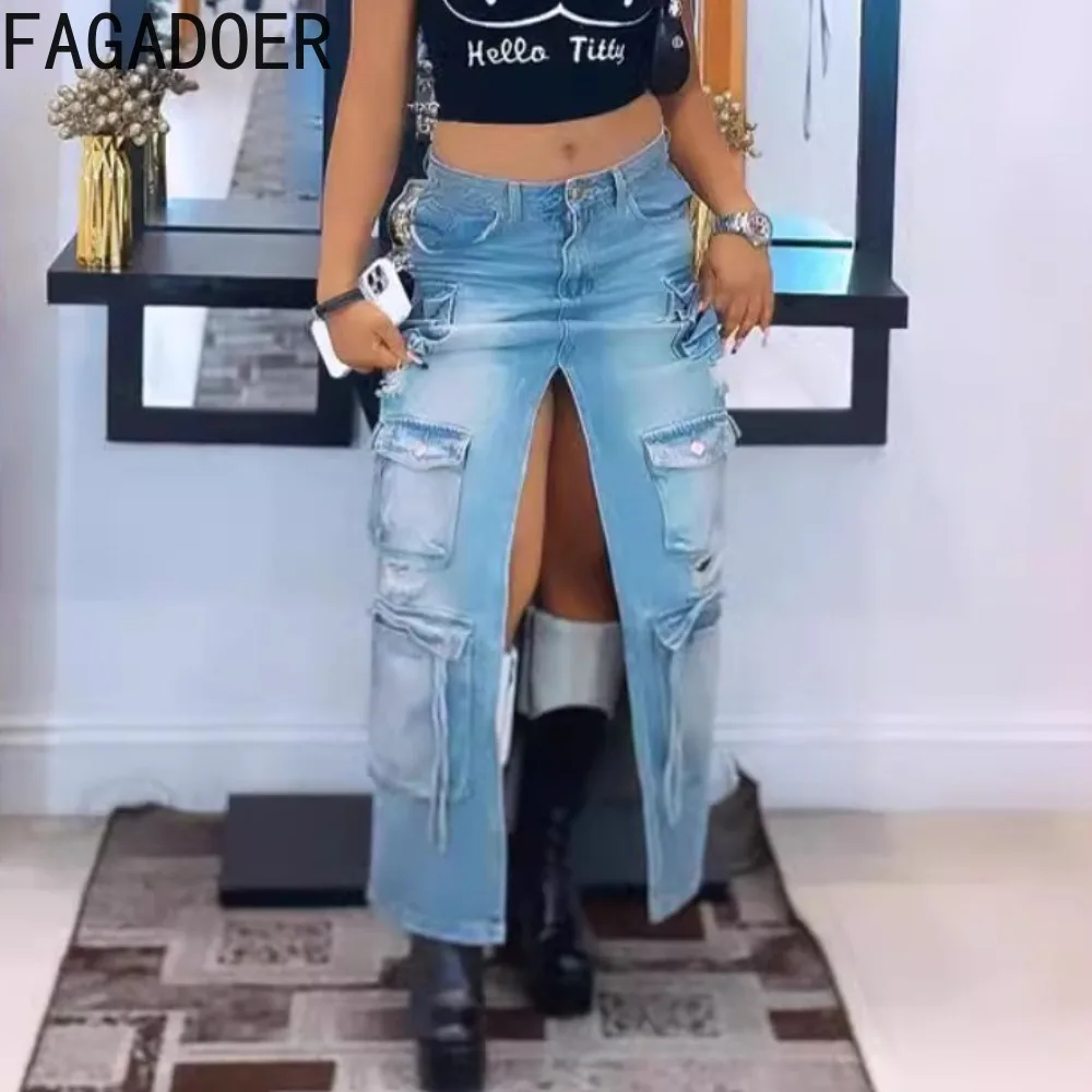 

FAGADOER Fashion Trend Streetwear Women High Waisted Pocket Slit Pocket Cargo Denim Skirts Female Hole Matching Cowboy Bottoms