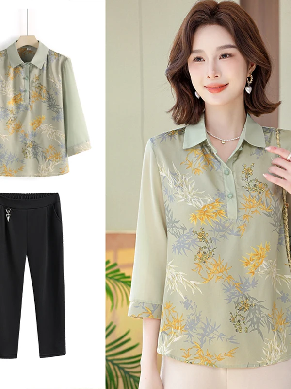 

Fashionable Mid-Sleeve T-Shirt Set for Women over 50 Spring Autumn Short Sleeve Comfortable Polyester Blend Neck Regular...