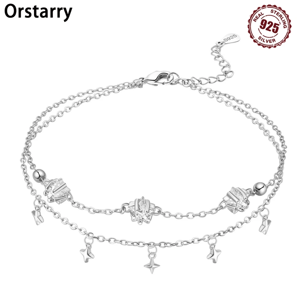 Women's S925 Sterling Silver Double Star Shaped Chain Anklet