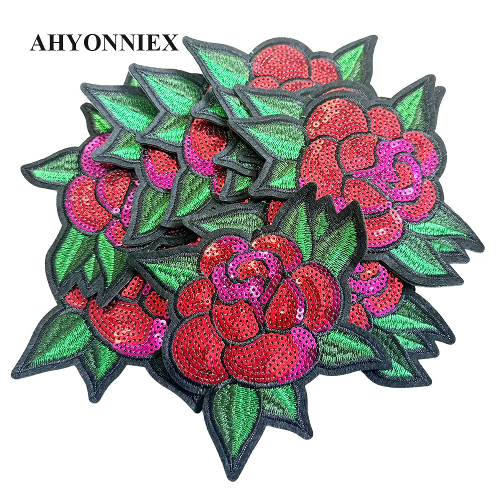 

10 шт./лот, модные блестящие красные розы, цветы, блестки, лист, парч для костюма, платья, пальто, железная нашивка для одежды