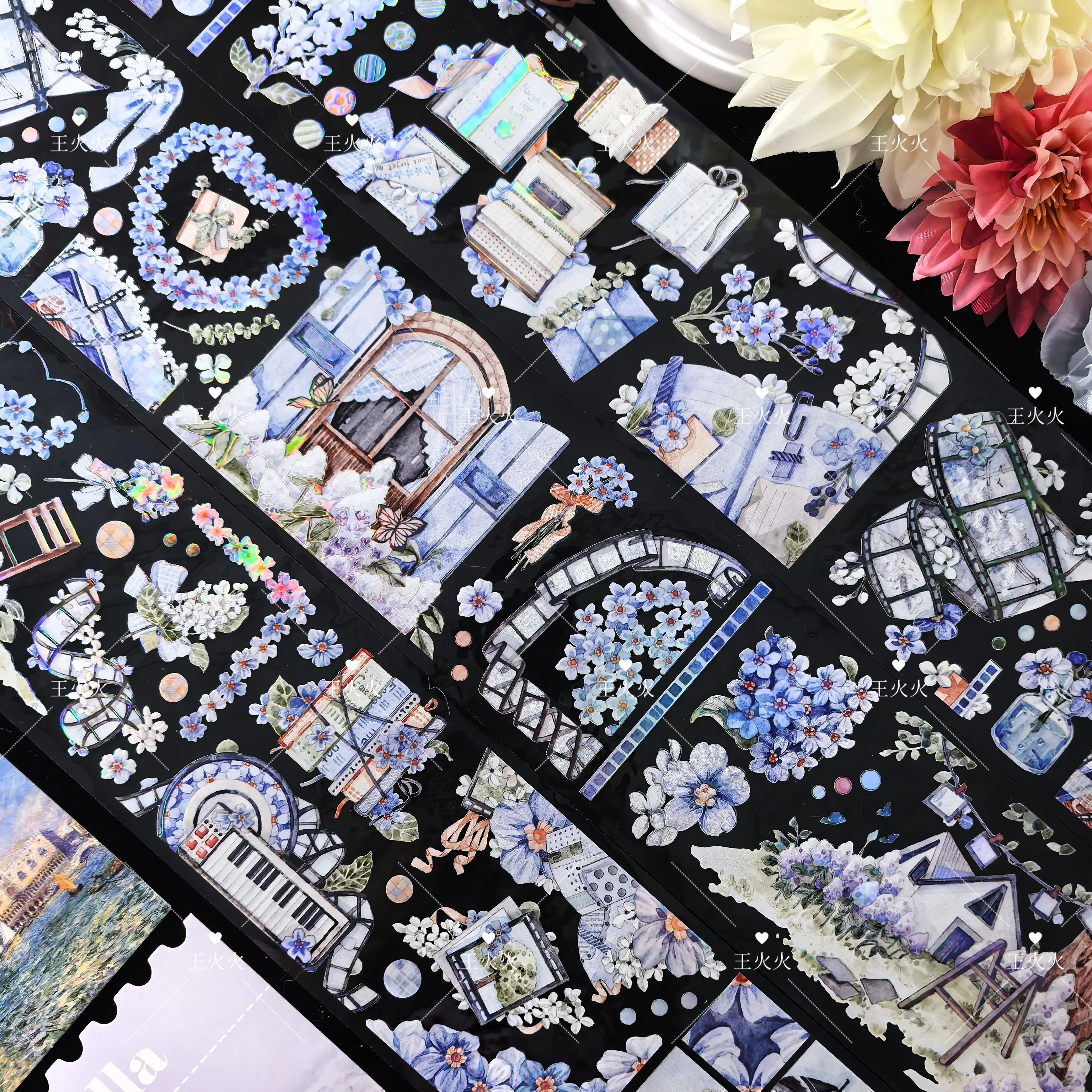 blue-floral-things-washi-shiny-pet-tape-lueying