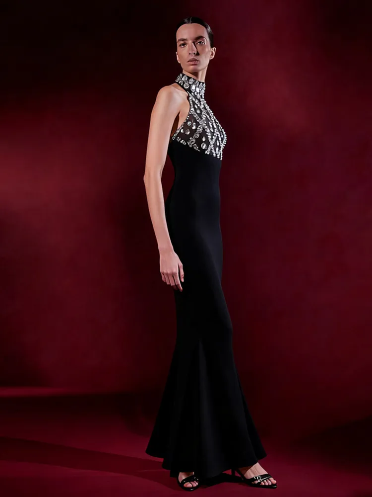 Vrouwen sexy halter kralen zwarte maxi lange zomer bodycon bandagejurk 2025, elegante avondclub feestjurk