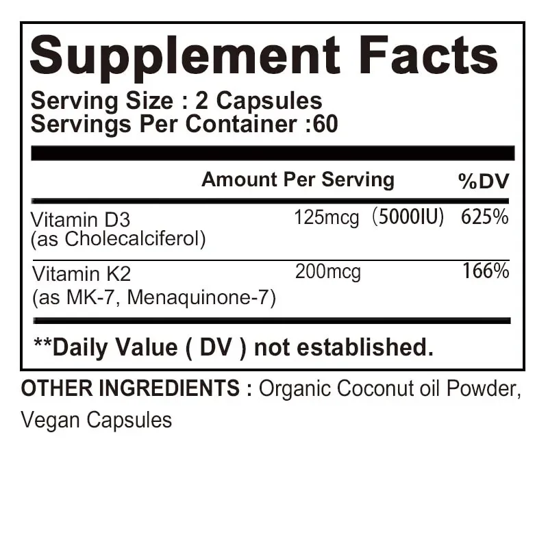 Vitamin D3 + K2 Capsules - Regulates Calcium Absorption, Promotes Bone, Dental and Cardiovascular Health, Enhance Immunity