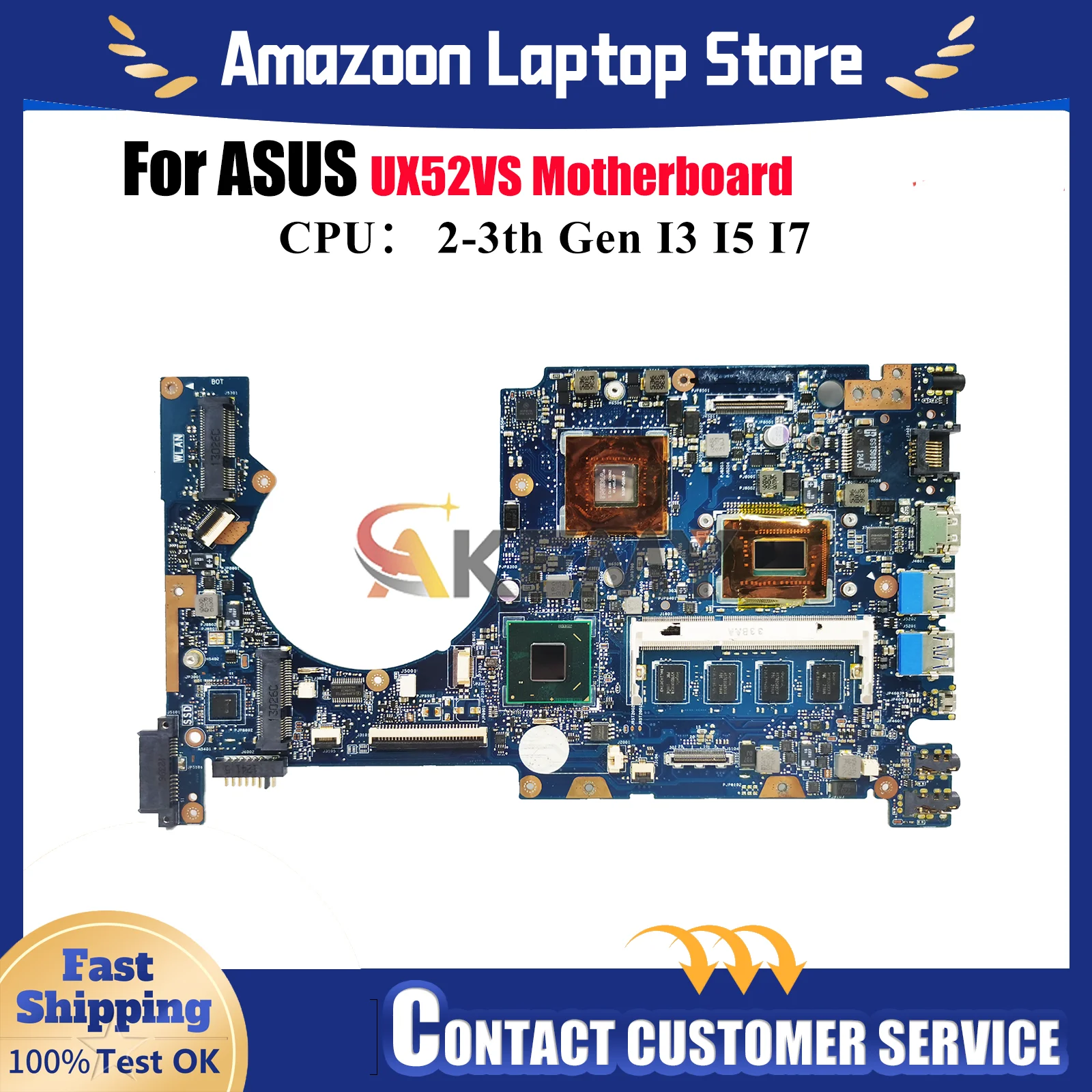 

UX52VS Laptop Motherboard For ASUS ZenBook UX52VS UX52V Notebook Mainboard With I3 I5 I7 CPU 100% tests OK fast shipping stk