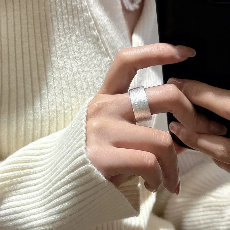 Silver Color Geometric Frosted Wide Brim Opening Adjustable Rings for Women Fashion Jewelry Minimalist Accessories