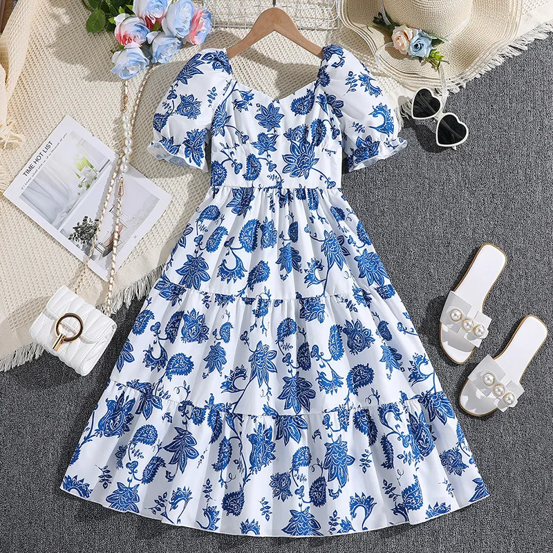 2024 Summer New Arrival Girls Short Puff Sleeve Print Floral Blue Roupa Infantil Menina Cute Party Dress Custume 8-12T