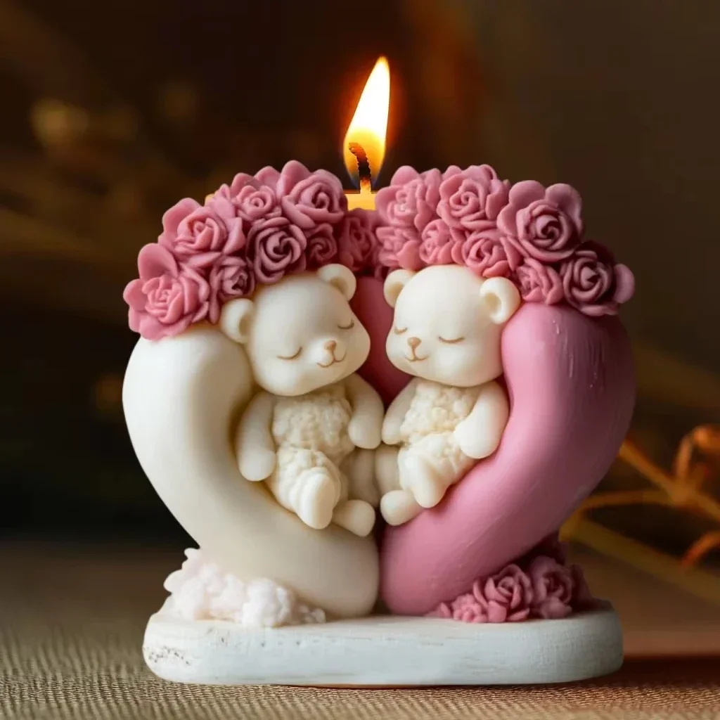 Cute Love Bear Candle Silicone Mold Rose Flower Animal Bear Resin Epoxy Mould Love Flower Bear Gypsum Molds Valentine's Day Gift