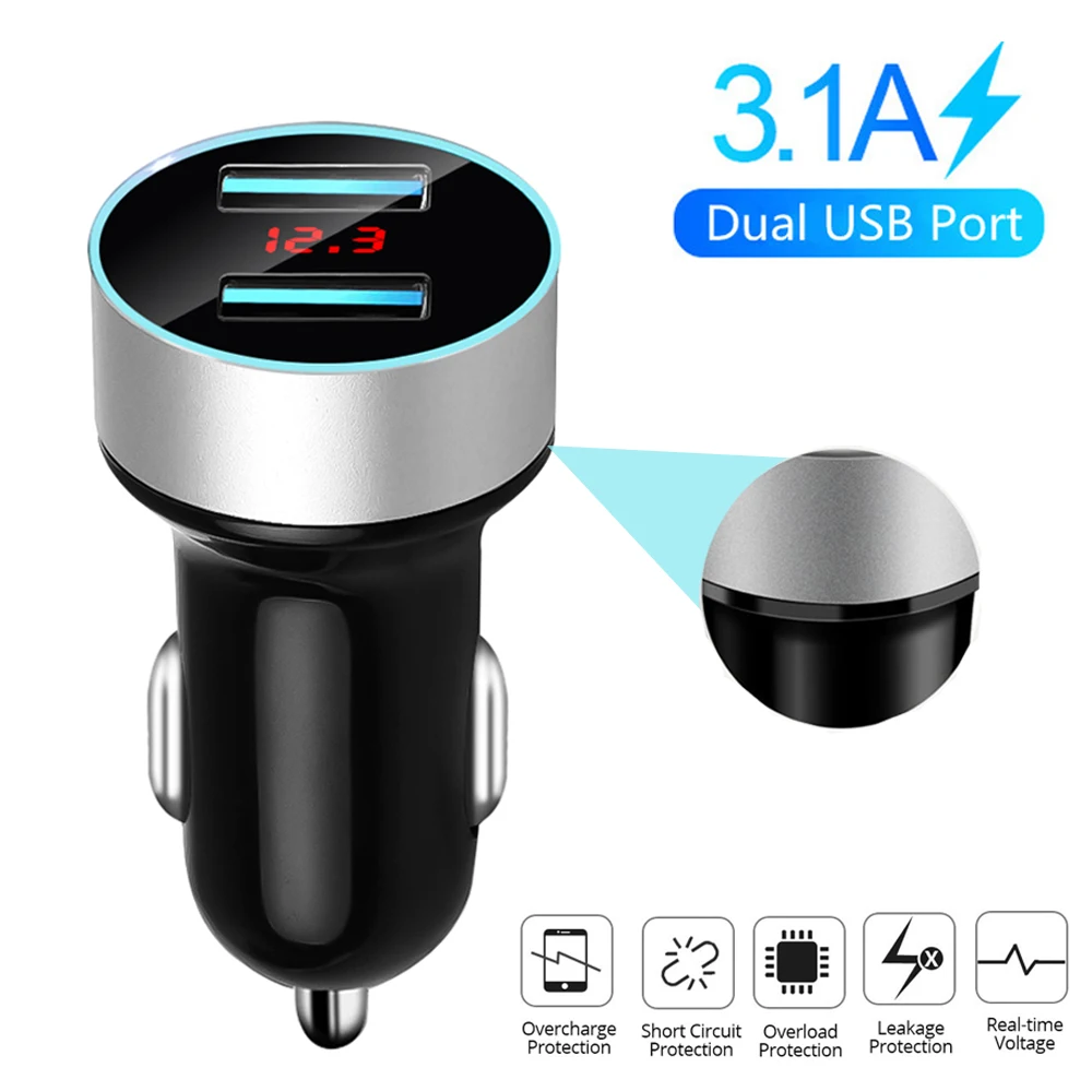 3.1A Dual USB Car Charger 2 Ports LCD Display 12V Car Cigarette Socket Lighter Car Phone Charger For iPhone 12 11 Pro Samsung