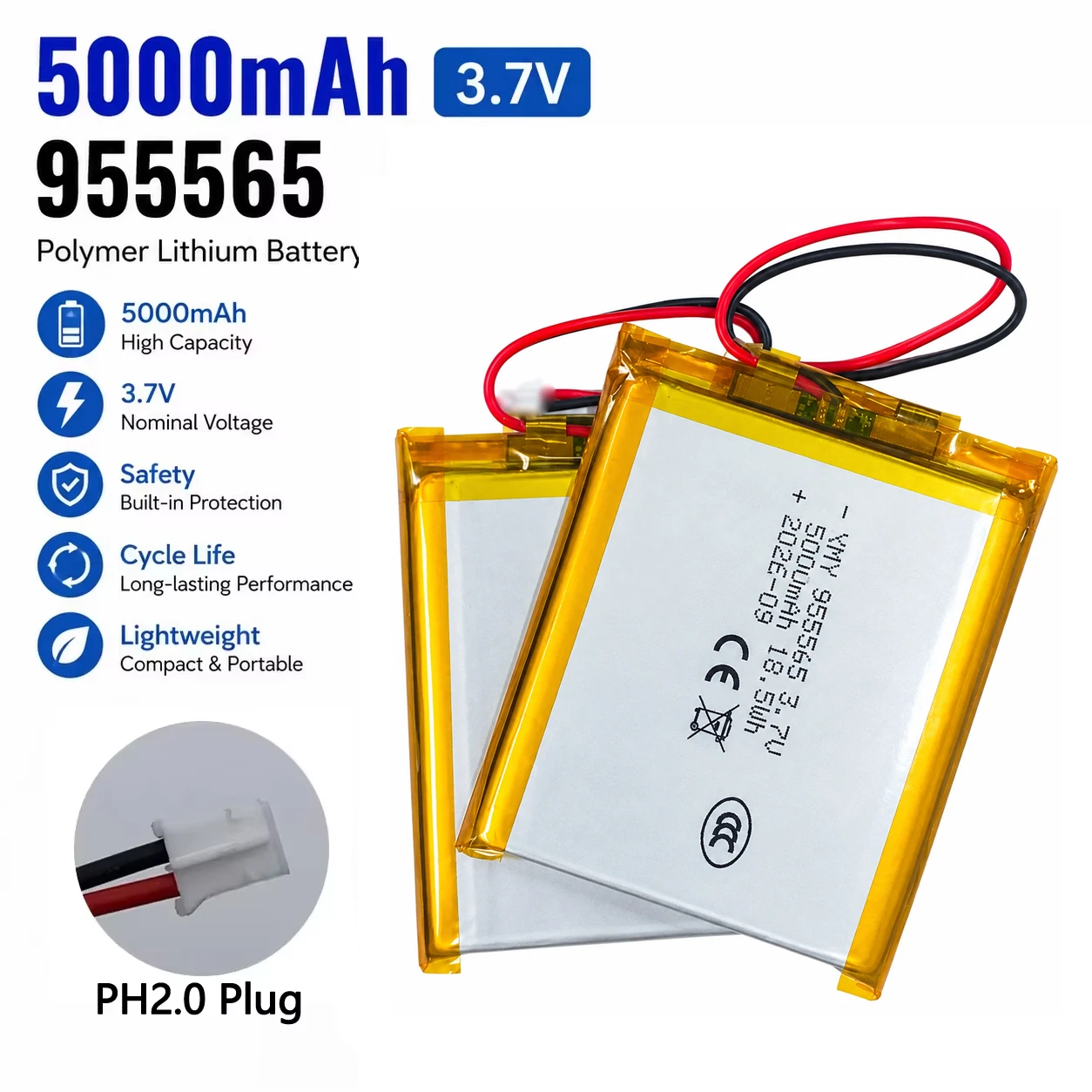 955565 3.7V 5000mAh Polymer Lithium Battery PH 2.0 2Pin Plug Rechargeable LiPo Battery for Mobile Power Smart Home Devices