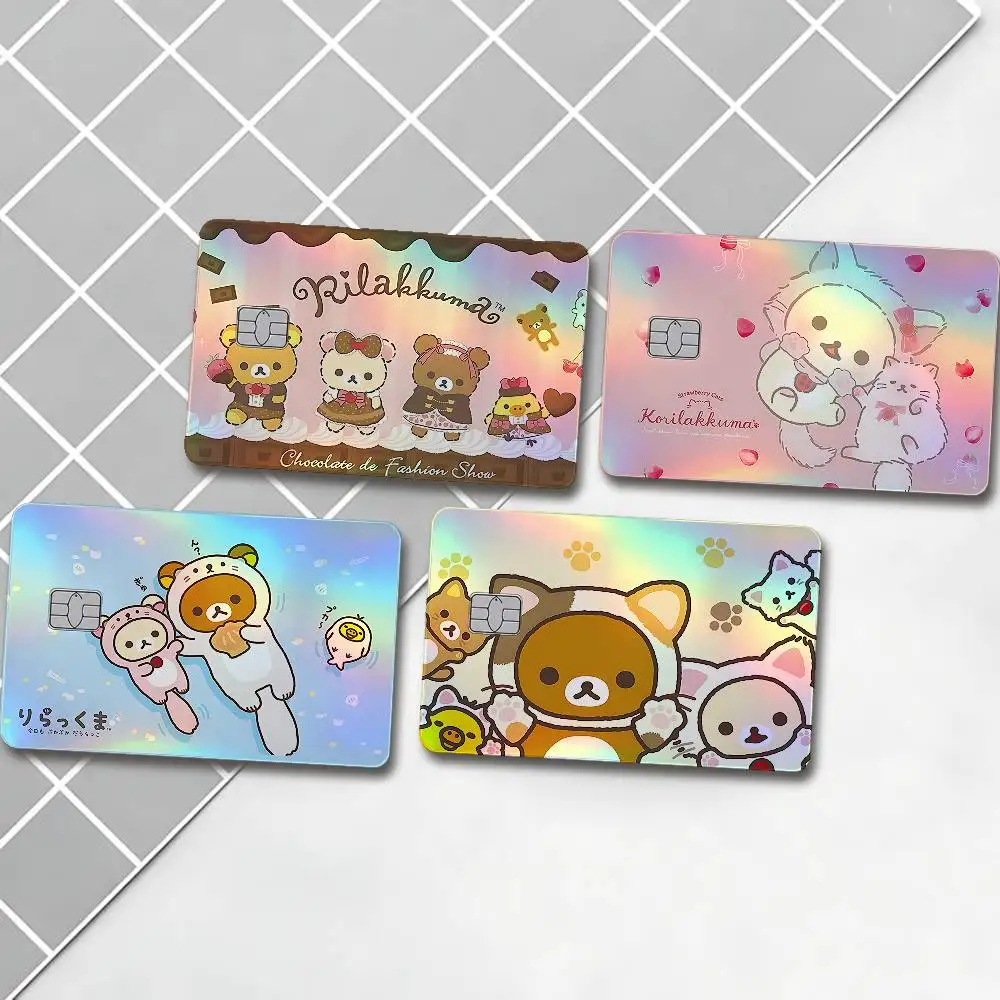 Niedliche R-Rilakkuma holografische Laserkarten-Hautaufkleber, 4 Stück/Set, wasserfester, kratzfester Bankkarten-Schutzaufkleber für Kreditkarten