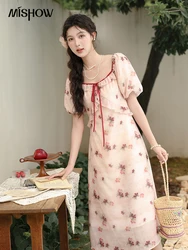 MISHOW Tea Break French Dress Women 2024 Summer Korean Floral Bubble Sleeve Dress Square Neck Lace-up Waist Dresses MXD31L1924