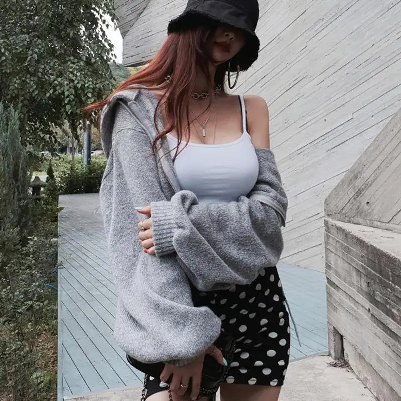 51STUDIO YS388 Women's Loose Fit Short Knitted Cardigan Coat Simple Style Thin Model Long Sleeve Hooded Zipper Closure Jacket