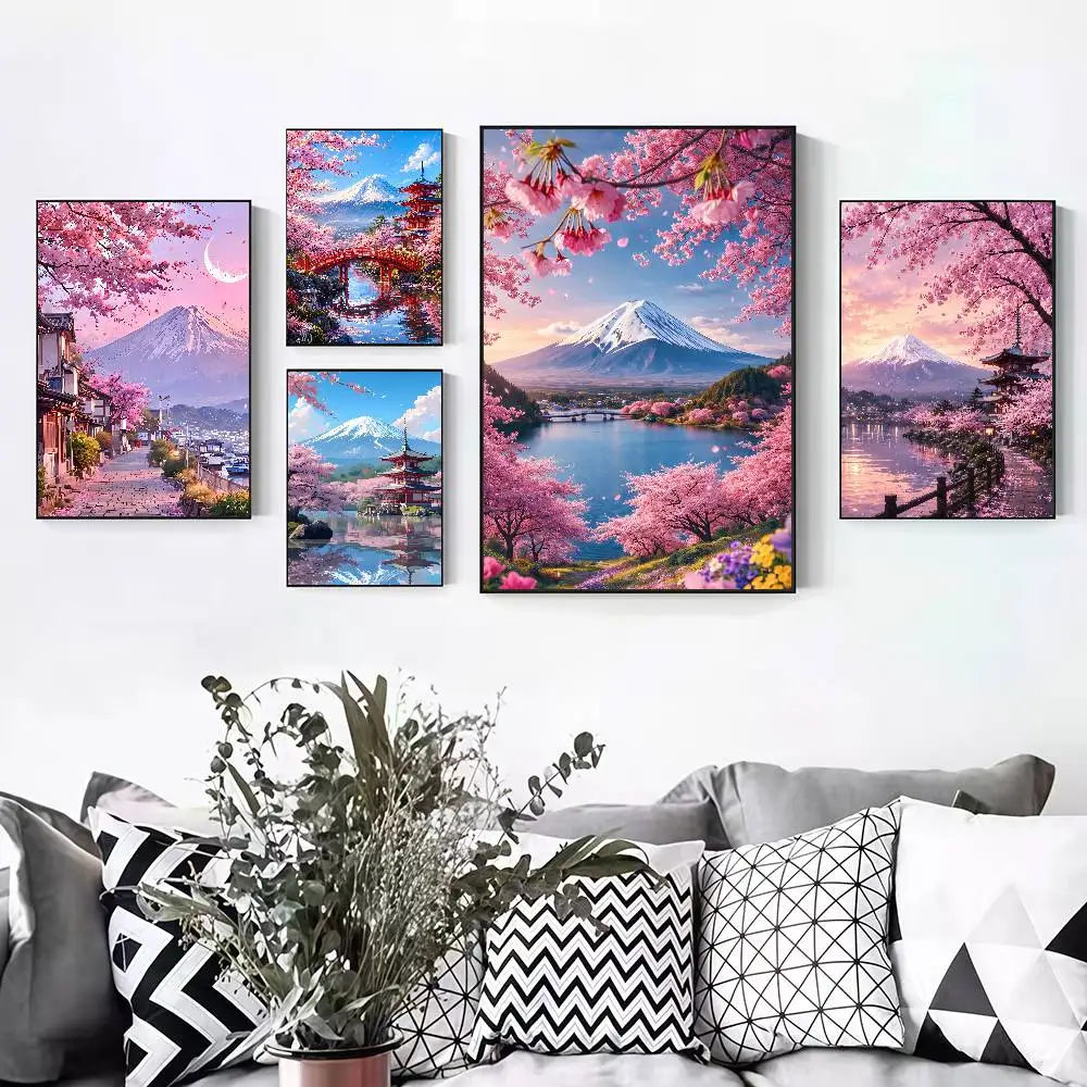 Japanese Cherry Blossoms At Mount Fuji Peelable Self-adhesive Poster Stickers Are Suitable For Frameless Wall Decoration In A Ro