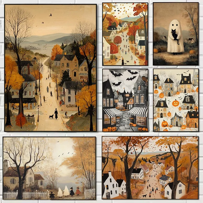 2026 Abstract Whimsical Autumn Fall Landscape Trick&Treat Halloween Ghost Town Poster Canvas Painting Wall Art Pictures Home Dec