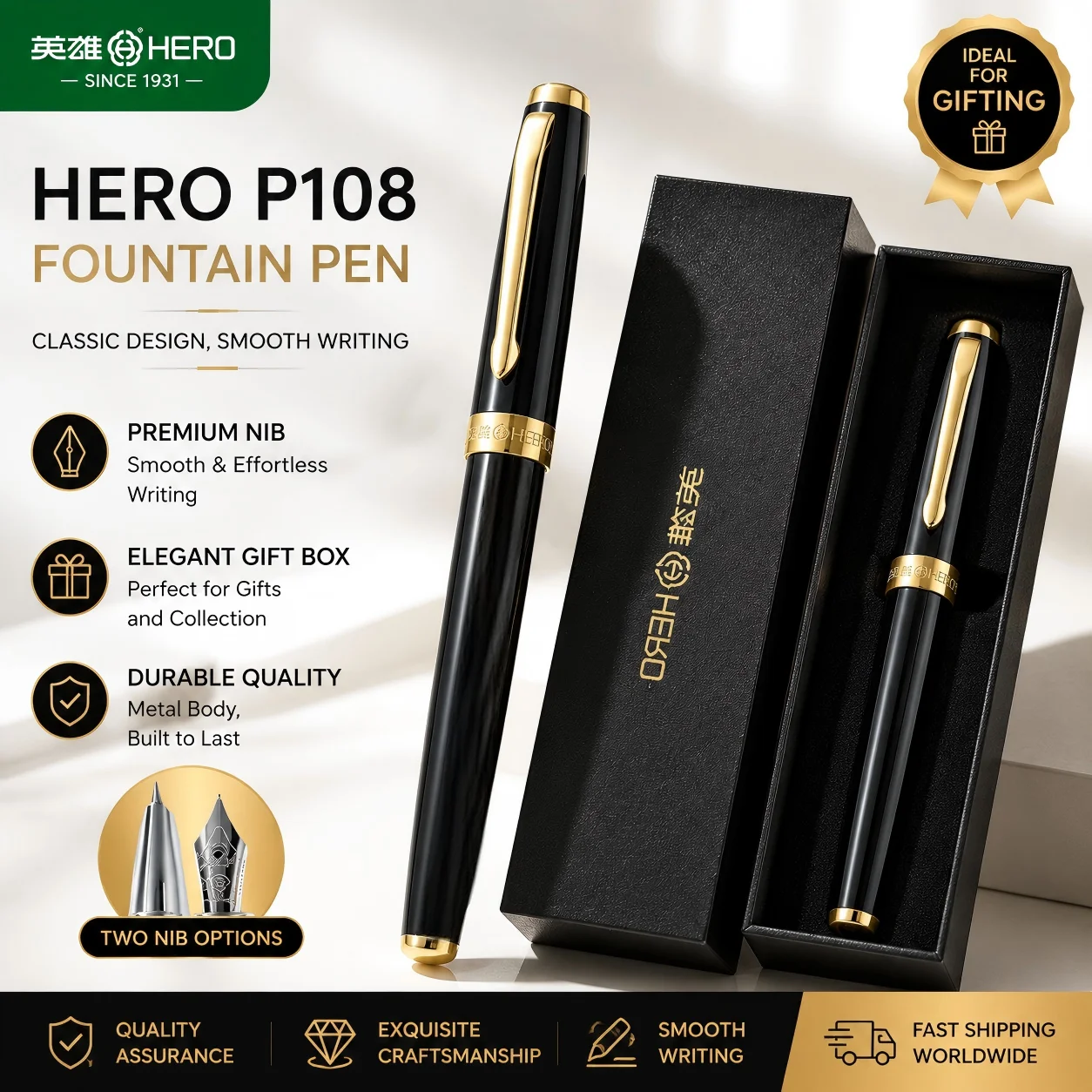 Original HERO P108 Fountain Pen 0.38mm/0.5mm Iridium Nib 7 Colors Metal Body Smooth Writing Gift for Student Office School Suppl
