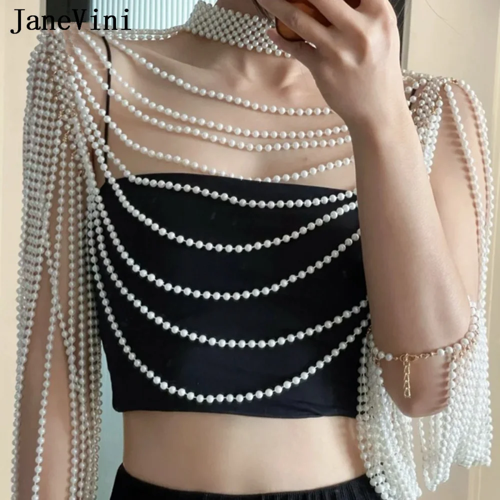 JaneVini Chic Wedding Pearls Beaded Body Chain Bridal Necklaces Shawl Wraps Detachable Sleeves Bachelorette Party Accessories