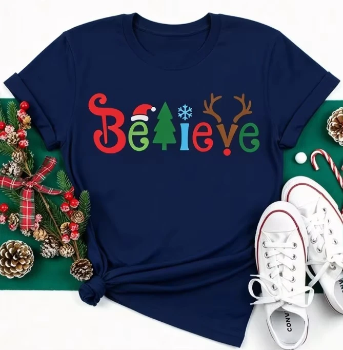 2026 New Arrival Christmas Family Matching T-Shirt Believe Letter Graphic Print Holiday Casual Short Sleeve Top Christmas Gift Basic Top T-Shirt