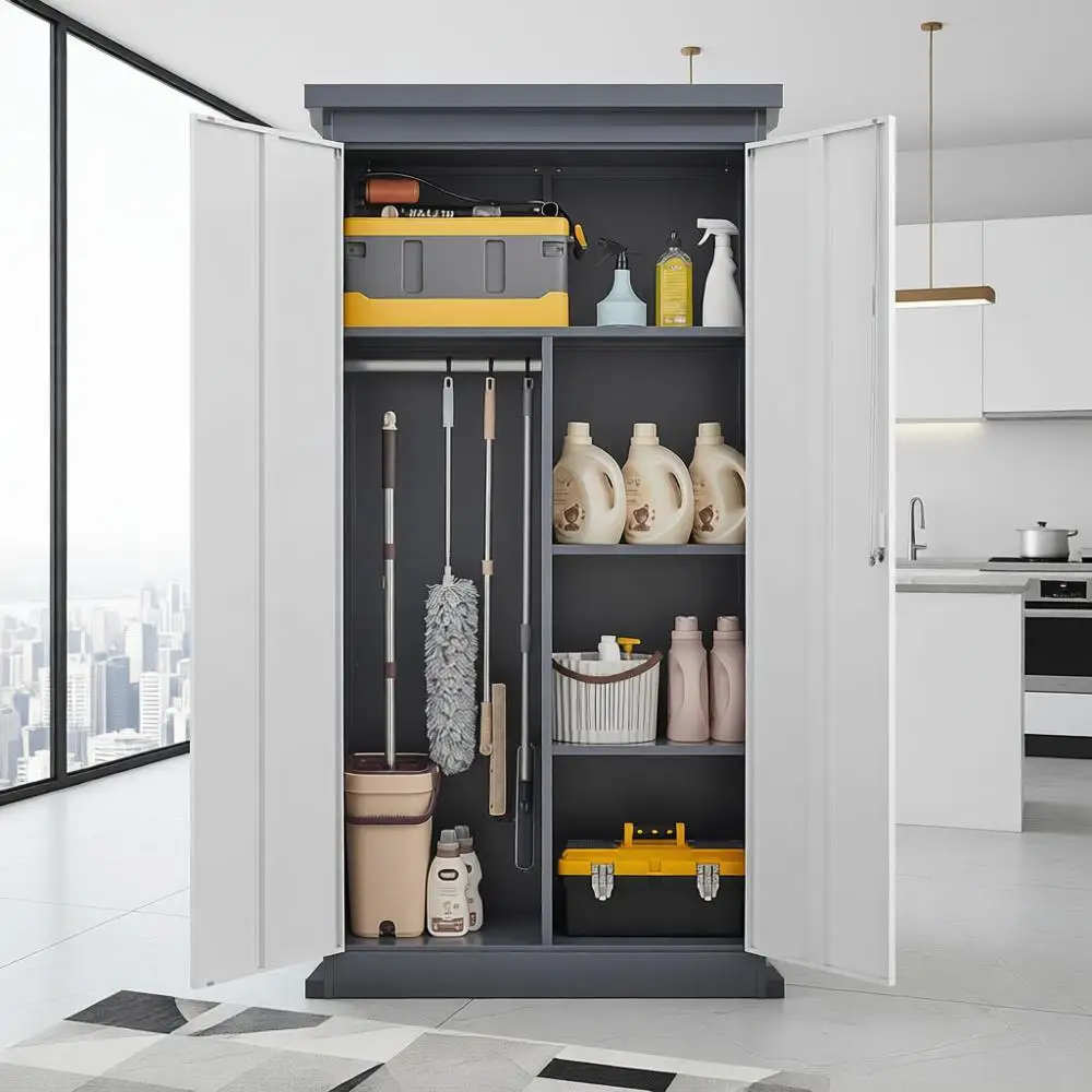 

Grey Tall Metal Storage Cabinet with Lock, Waterproof and Fireproof, Adjustable Shelves, Ideal for Home, Garage, Office Use