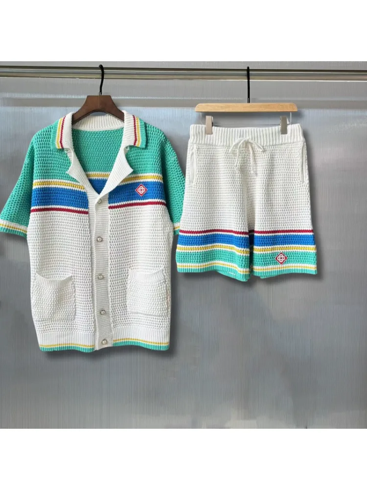 Hoge kwaliteit trui met korte mouwen, trainingspakken, parelgeweven knoop, veelkleurige Hawaiiaanse vest, gebreide truien - afbeelding 2