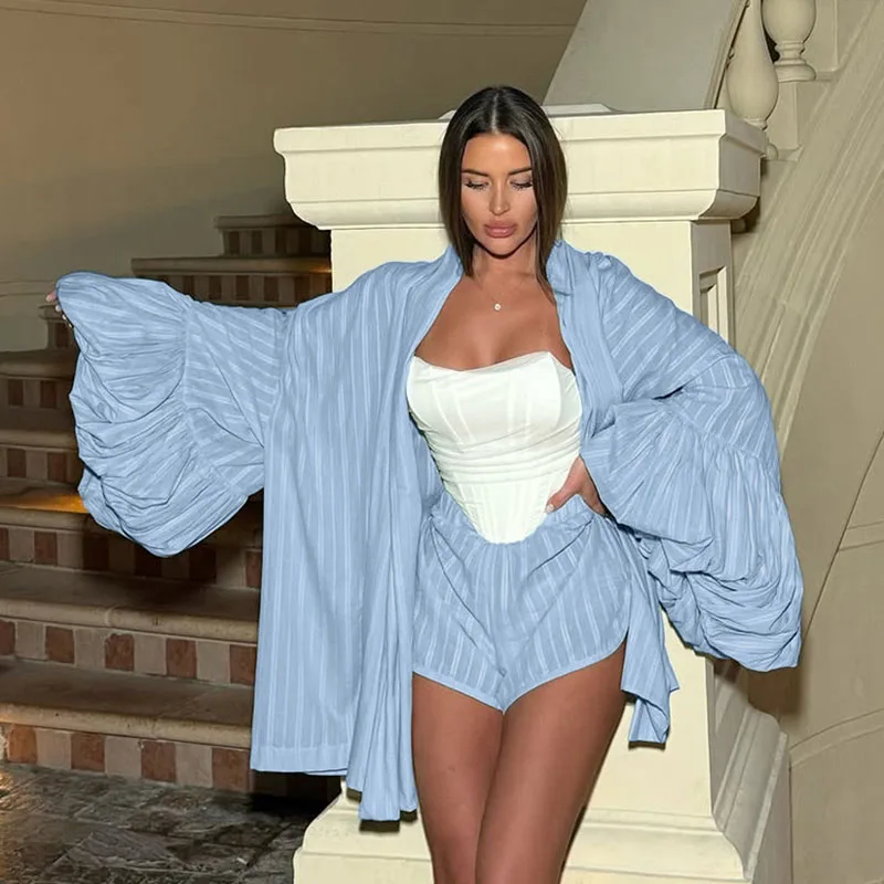 

Простой жаккардовый комплект из шорт для женщин: весенне-летний американский повседневный стиль, рубашка с рукавами-фонариками и шнуровкой, шорты, комплект из 2 предметов