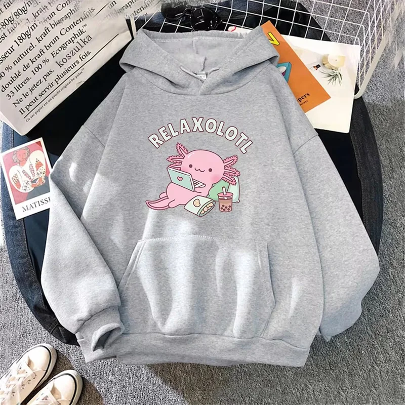 Oversized Axolotl Boba Milk Tea Hoodies Korean Style Women Clothes Kawaii Sweatshirt Vintage Cartoon Graphic Harajuku Hoodie