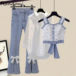 Women's Fashion Tracketsuit Casual Loose Shirt+Bow Vest+Rhinestones Denim Flares Pants Three Piece Sets Trendy Suit Y2K Clothing