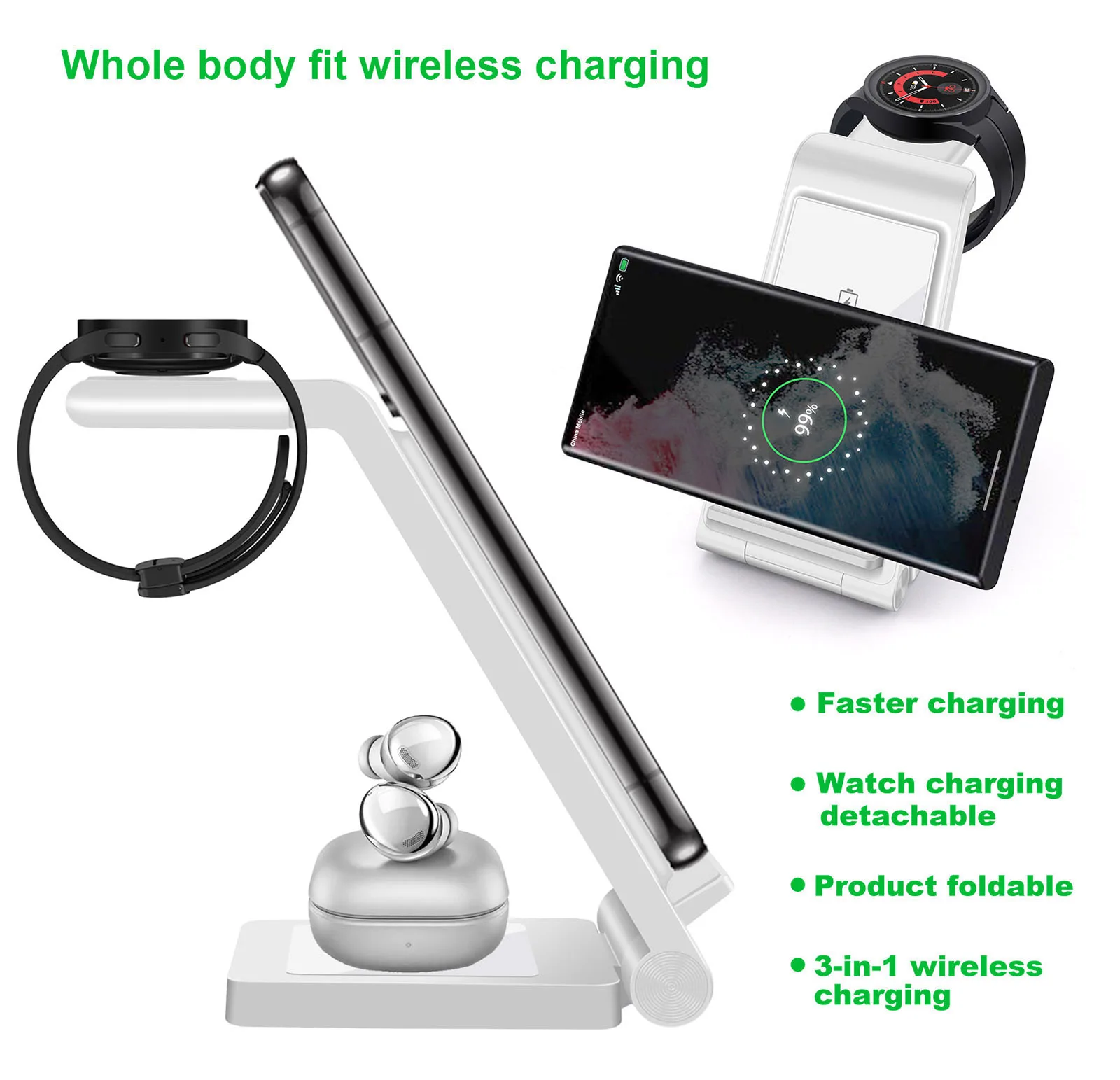 25W 3 in 1 Wireless Charger Stand for Samsung Galaxy Flip 4/S22 Ultra/S21/S20/S10 Galaxy Watch 5 4 Active 2 Buds Fast Charging